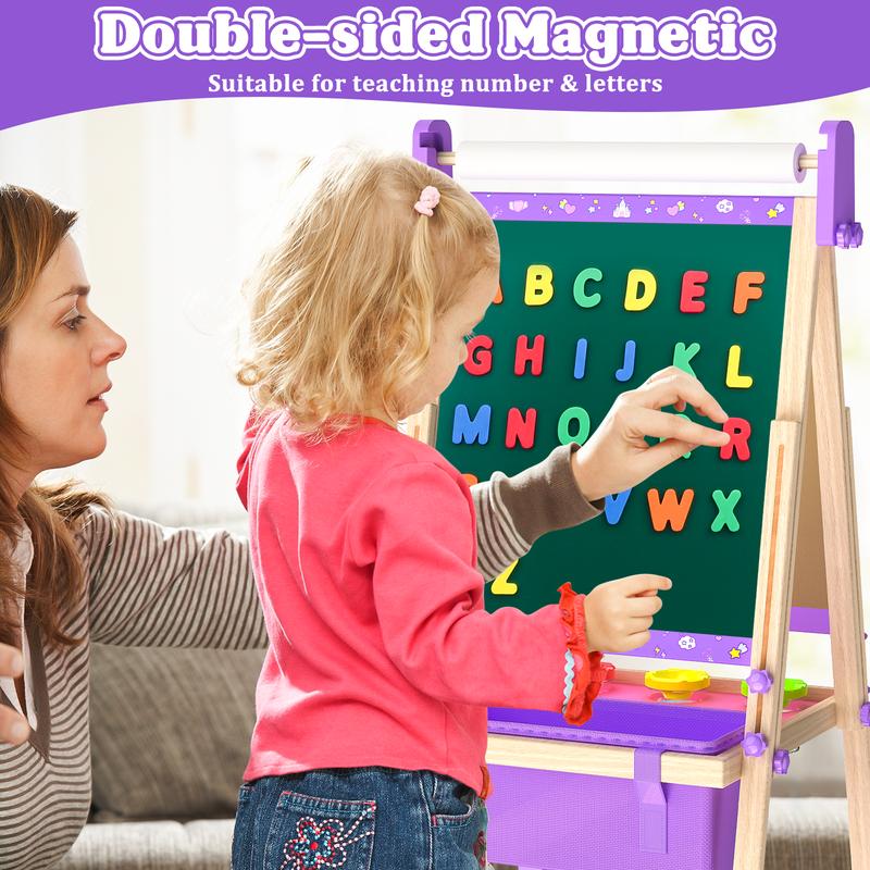 【Kids Easel】Easel for Kids,Adjustable Wooden Kids Art Easel with Paper Roll,Double-Sided Magnetic Toddler Easels,Dry Erase Whiteboard and Chalk Board,Toys for 3 4 5 6 7 8 9 10 Year Old Girl Boy Gift