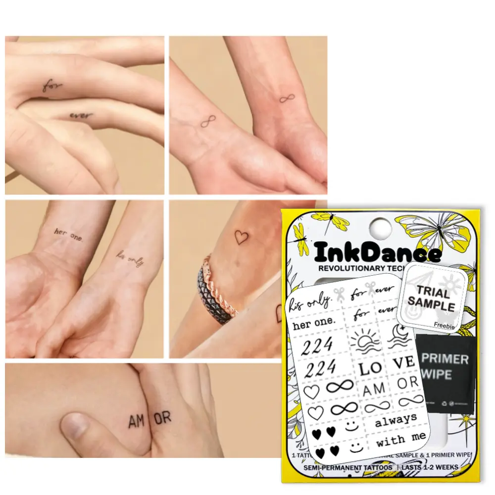 InkDance Semi-Permanent Tattoo, Minimalist Matching Couple Tattoo Sheet, Long Lasting Temporary Tattoos, Waterproof Plant-Based Ink, Lasts 1-2 Weeks, Color Develops in 24 Hours X257