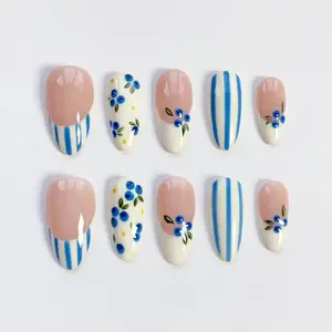 BLUEBERRY PIE | Handmade Fruit Press On Nails | Blue Striped Summer Fake Nails | Picniccore Cottagecore Aesthetic | Custom Kawaii Almond Set 2026