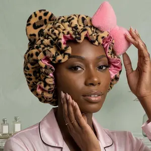 Leopard Print Plush 3D Cat-Ear Headband with Bow Quick-Drying Hair Wrap Women's Sleep Cap for Comfortable Nighttime Use summervibes