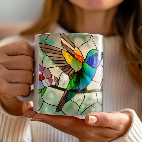 11oz Ceramic Hummingbird Animal Motif Stained Glass Printed Mug with Handle, 0-500 ml Classic Kitchen Drinkware, Gift for Bird Enthusiasts with Customizable Letters