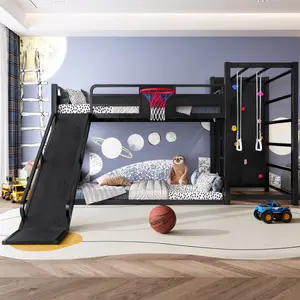 [Bellemave]Twin /Fullsize metal loft/bunk bed with basketball hoop, pull-up rings, climbing wall, and built-in bookshelves. Playful children's design featuring a slide,Black.