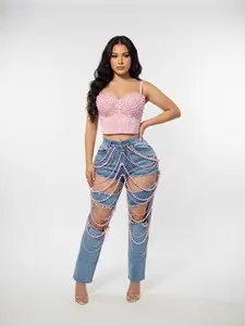 Fashionable Denim Jeans with Pearl Embellishments and Cut-Out Details for Women's Stylish Outfits