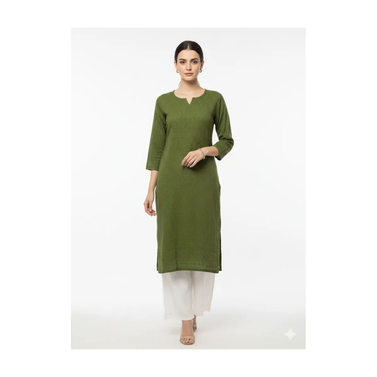 #LKH-14 Olive Green Hand-Embroidered Cotton Kurti