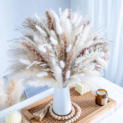 96 Stems Neutral Rustic Beige Dried Pampas Grass Bouquet Bulk Pack - Eco-Friendly, Flexible, Low-Maintenance, Long-Lasting Decorative Flower Arrangement for DIY Crafts, Home Decor