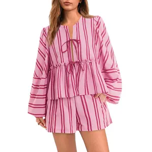 Tankaneo Womens 2 Piece Outfits Tie Front Peplum Tops Shorts Sets Striped Puff Long Sleeve Blouse Y2K Lounge Sets