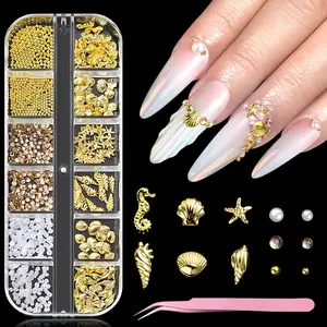 Summer Nail Charms, 3D Beach Nail Charms Metal Starfish Seashell Tropical Ocean Nail Art Decorations, Gold Beads and Pearls Rhinestones with Tweezers for Manicure, concha nacar para uñas