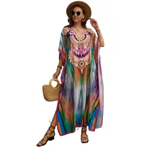 Women Plus Size Mumu Dresses for Women - Boho Batwing Sleeve Caftan with Side Slits, Long Moo Moo Nightgown & Beach Cover Up - Rainbow Summer Womenswear
