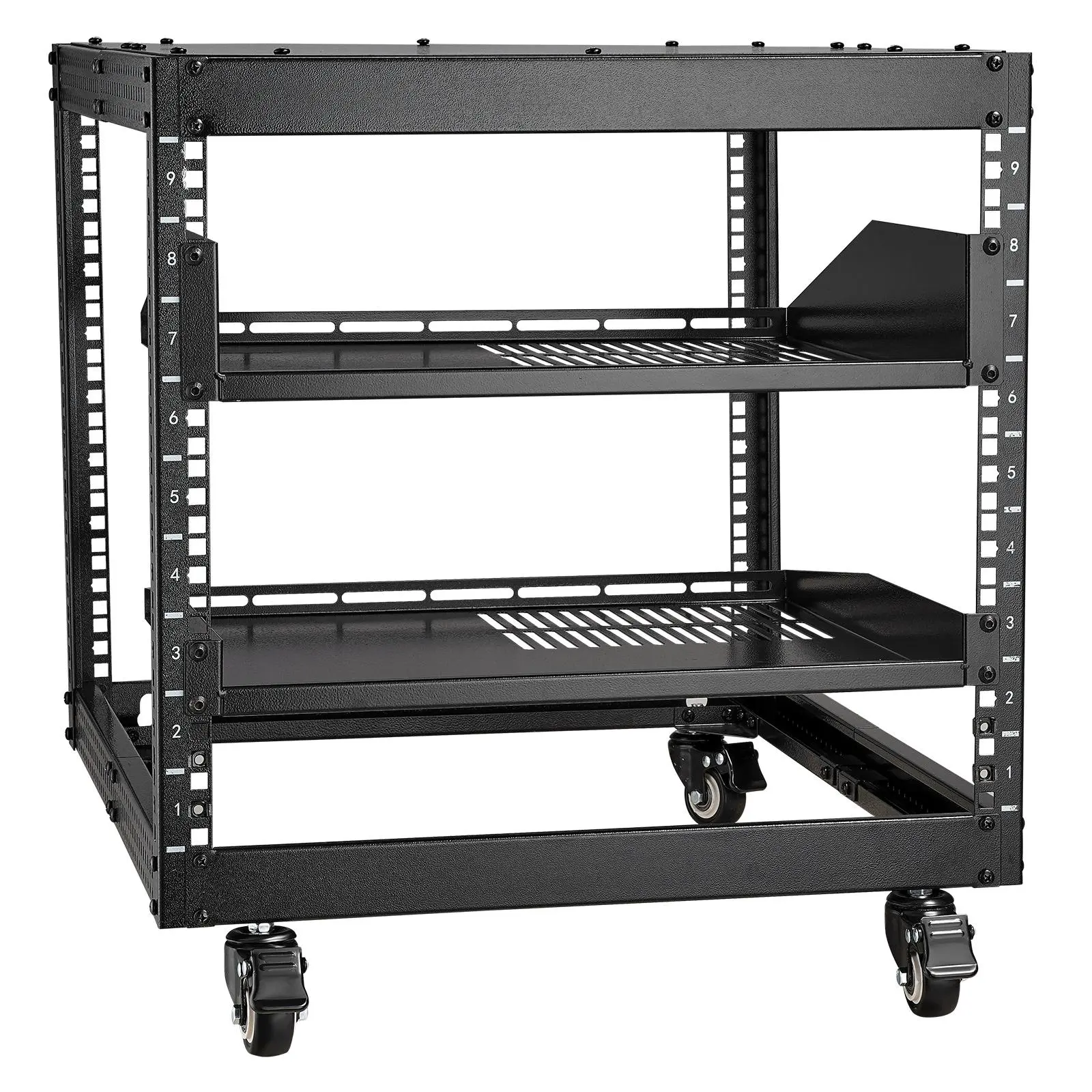 VEVOR 9U Height Carbon Steel Open Frame Server Rack Set, Adjustable Organizer Shelf, 23"-40" Depth, Freestanding/Wall-Mount 4-Post, Portable 360° Caster Cart with Wheels, Accessory for Networking IT Equipment, Easy Access to Ports, 360° Rotation Racks & D