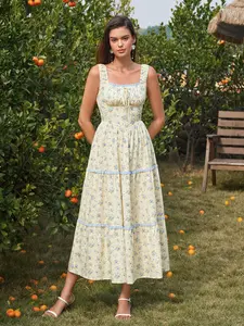 Square Neck Lace Trim Backless Smocking Cake Dress, For Outdoor Picnics, Garden Afternoon Tea, Sweet Girl Style Pastoral Dress.