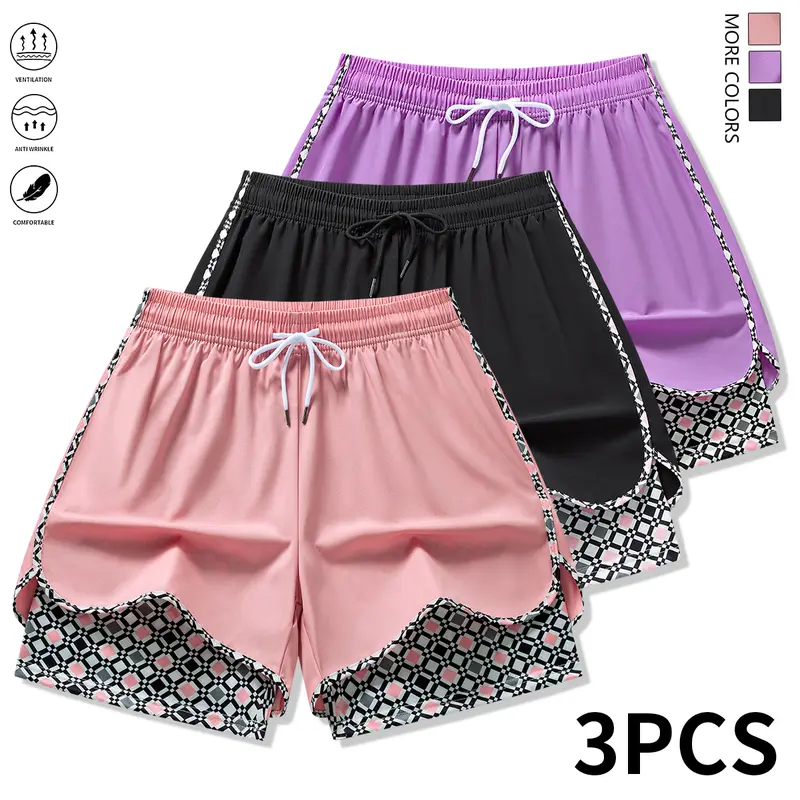 Women's 3-Piece Athletic Casual Polyester Gym Shorts - Mid Waist, Elastic Waistband, Fake Drawstring, Lightweight, Loose-Fitting, Lined, Above Knee, Summer Bottoms for Outdoor Workouts (Black + Light Blue + Lemon Yellow)