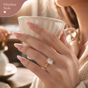 18K Gold Plated Emerald Cut Cubic Zirconia Ring - Adjustable Titanium Steel Statement Band, Handpicked Hypoallergenic Non-Tarnish Jewelry For Her + Oversize Rose Stainless Steel Pendant Necklace