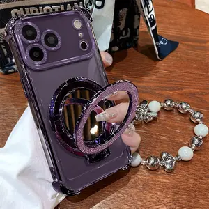 Women's Phone Case with Mirror & Stand for iPhone 17 ProMax/Pro/Air. Features a purple chrome alloy frame, high-definition transparent material, reinforced corner protection, and full-body drop-resistant design.