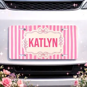 Pink Stripes Personalized Name Vanity Plate Custom License Plate Coquette Bow Girlcore