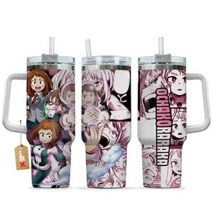 [Sip40 Otaku] My Hero Academia Ochaco Uraraka 40oz Stainless Steel Tumbler With Handle, Uravity MHA Anime Cup, Floating Power Drinkware, Insulated Travel Mug for Iced Coffee, Otaku Gift for Anime Lovers & Gamers