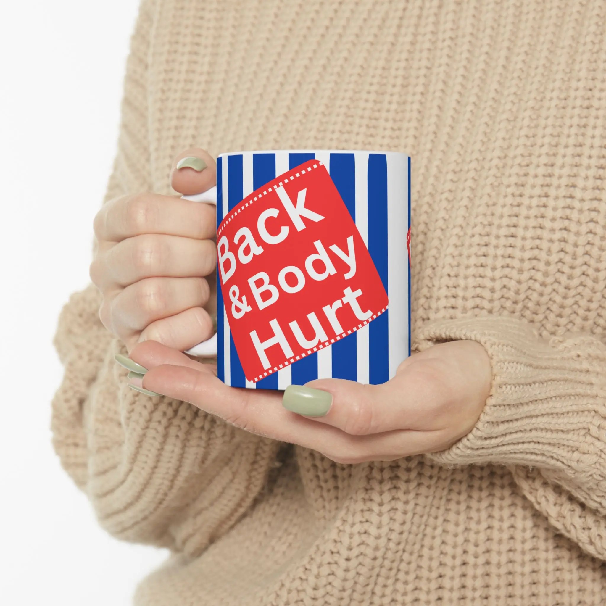 Back & Body Hurt Mug | Striped Blue Red Pain Awareness Ceramic Mug