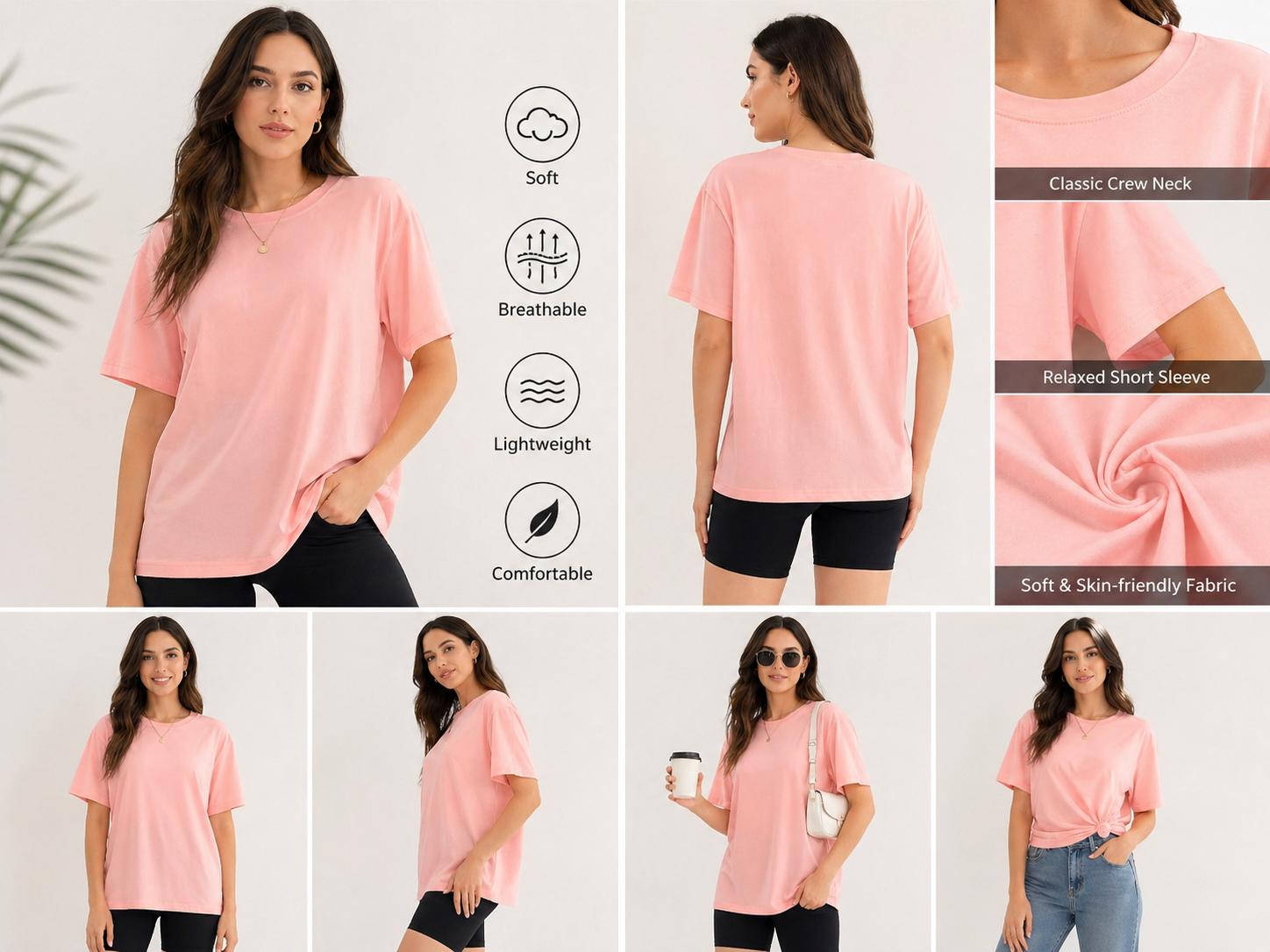【Limited Time deal】【Fast Shipping】 Women Short Sleeve T-Shirt Multipack, Loose Fit Solid Color Round Neck Casual Tops, Summer Daily Basic Tees for Women Tshirt Womenswear Crewneck Shortsleeve#SummerVibes（Only T-shirt）