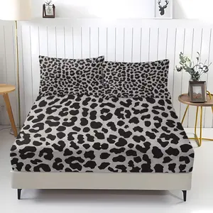 Leopard print gray and black patterned fitted sheet and pillowcase set, Decorative Bedsheet Sets, a wild and luxurious bedroom bedding option, perfect for gifting.