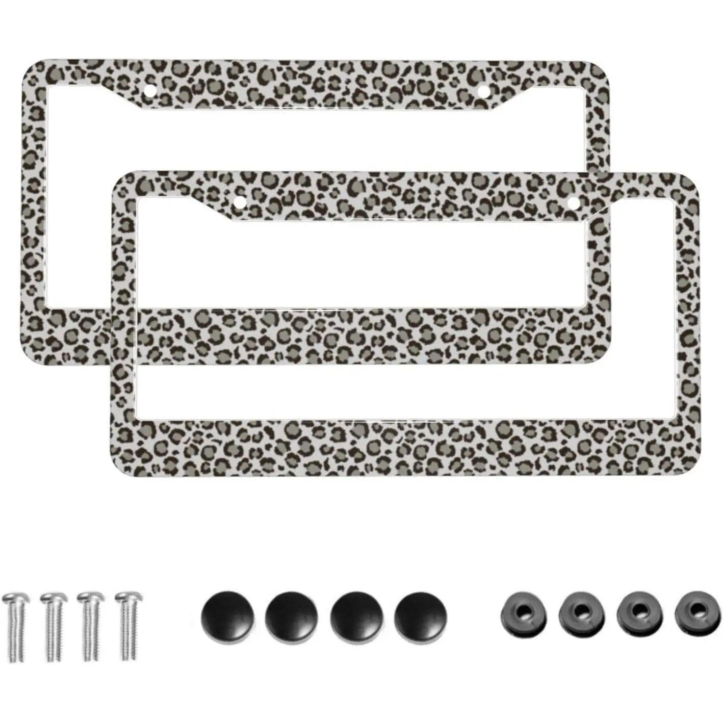 2 Pcs Aluminum License Plate Frames (12.3 x 6.3in) - Grey White Leopard Print Snow Cheetah Auto Tag Holder, 4 Holes, Internal Clip Fixation, No Noise While Driving, 4 Screw Covers, Perfect Design for Car Enthusiasts