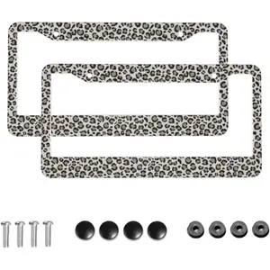 Grey White Leopard Print License Plate Frame Snow Cheetah 2 Pack License Plate Covers Aluminum Metal Novelty Auto Car Tag Holder with 4 Holes 12.3" x 6.3"in Equipped with Screws for Women/Men Frames