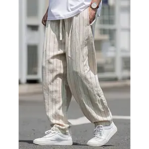 Men'S Casual Striped Linen Pants with Drawstring Waist - Black & White Vertical Stripes, Loose Fit, All-Season Comfort, Machine Washable, Comfortable Leisurewear, Classic Design, Durable Fabric