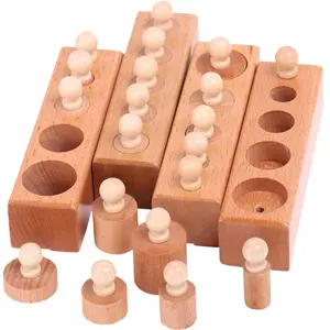 Montessori Beech Wood Cylinder Socket Pair Building Blocks Set, Early Size and Color Cognition Hand-Eye Coordination Game Gift, Durable