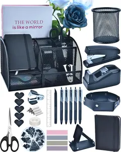 Black Desk Accessories, 24 count Office Supplies and Desk Organizers, with Tape Dispenser, Stapler, Staple Remover, Ect, Elevate Your Workspace with Sleek Black Sophistication,  to School