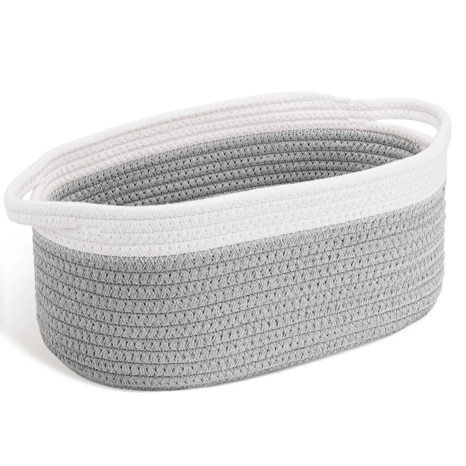 Sowyem Cute Small Woven Basket with Handles, 12"x 8" x 5" Rope Room Shelf Storage Basket Chest Box for Cat and Dog Toys, Empty Decorative Gift - Grey