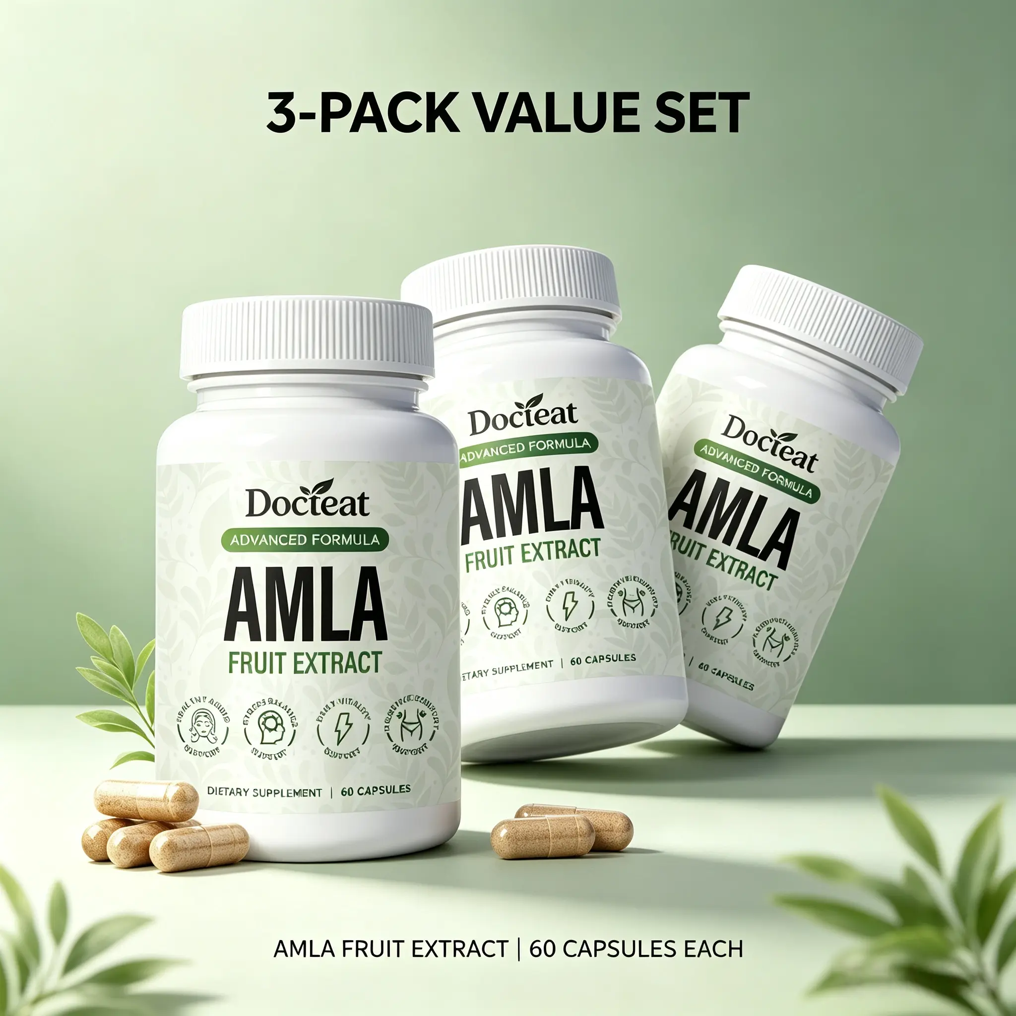 3 Pack Premium Amla Fruit Extract Capsules with Vitamin C & Niacinamide, CoQ10 and PQQ Complex, Gentle Daily Supplement, Helps Maintain Skin Firmness, Energy Levels, Stress & Digestive Comfort, 60 Capsules