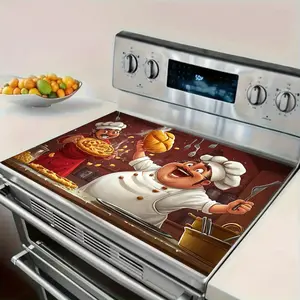 2D plan, 1 chef themed stove cover - heat-resistant rubber pad, with humorous chef and kitchen scene design, perfect for electric stoves, dishwashing and stove protection, diatomaceous earth oven mat, Stove Plate