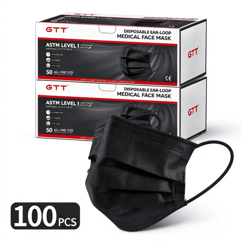 GTT Black Disposable Ear-loop Medical Healthcare Masks, ASTM Level1, ASTM F2100-21, 3-Ply, Hypoallergenic, 2 Boxes (50pcs/Box, Total 100pcs) for Daily Low-Risk Scenarios Protection