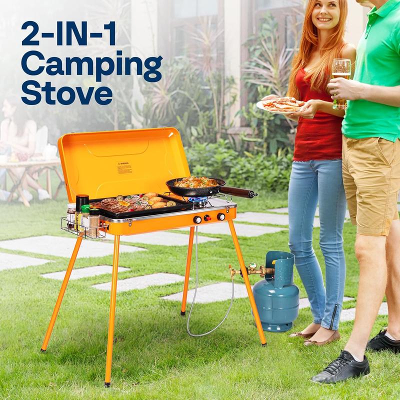 2-in-1 Gas Camping Stove with Detachable Legs, Propane Grill, 20000 BTU Tabletop Grill Cooker for Party, Camping, Picnics, Backyards