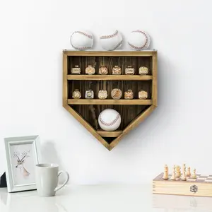 Wall Mounted Brown Wood Baseball Diamond Championship Ring Display Case with Clear Acrylic Stands