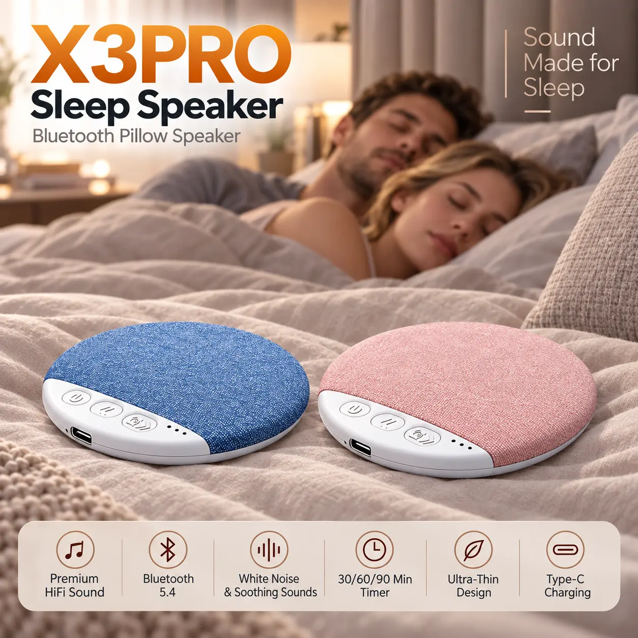 Compact Bedside White Noise Speaker with Bluetooth 5.4, Rechargeable Pillow Speaker with Nature Sounds, 30/60/90 Min Auto-Off Timer, Portable Sound Machine for Bedroom, Relaxing & Travel