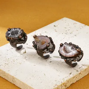 Natrual Irregular Geode Agate Gemstone Ring Vintage Bronze Adjustable Ring Unshaped Original Raw Stone Ring Gift For Women Man Girl Boy Party Accessory Jewelry Gift For Bithday Anniversary Christmas Hallowmas Fashion Ring