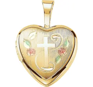 Petite Diamond-Cut Cross and Roses 14k Yellow Gold Plated Locket Pendant (12.50X12.00 MM) | Silver | Sterling Silver | Unisex
