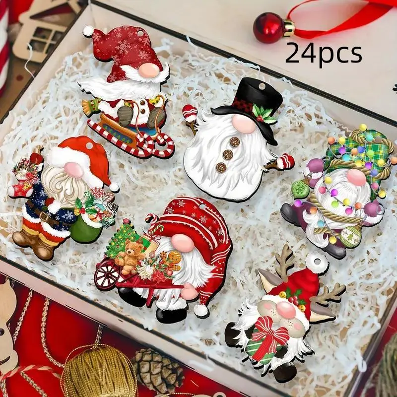 24 Piece Christmas Gnome Decorations Set, Indoor Hanging Christmas Ornaments for Tree, Festive Wooden Sign Party Supplies