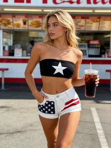Young Women, 4th of July/Summer Beach Outfit, High Waist American Flag Patchwork Raw Edge Rolled Cuff White Denim Micro Shorts, Spliced Distressed Finish, American Hot-Girl Style, Festive Figure-Flattering Bottoms