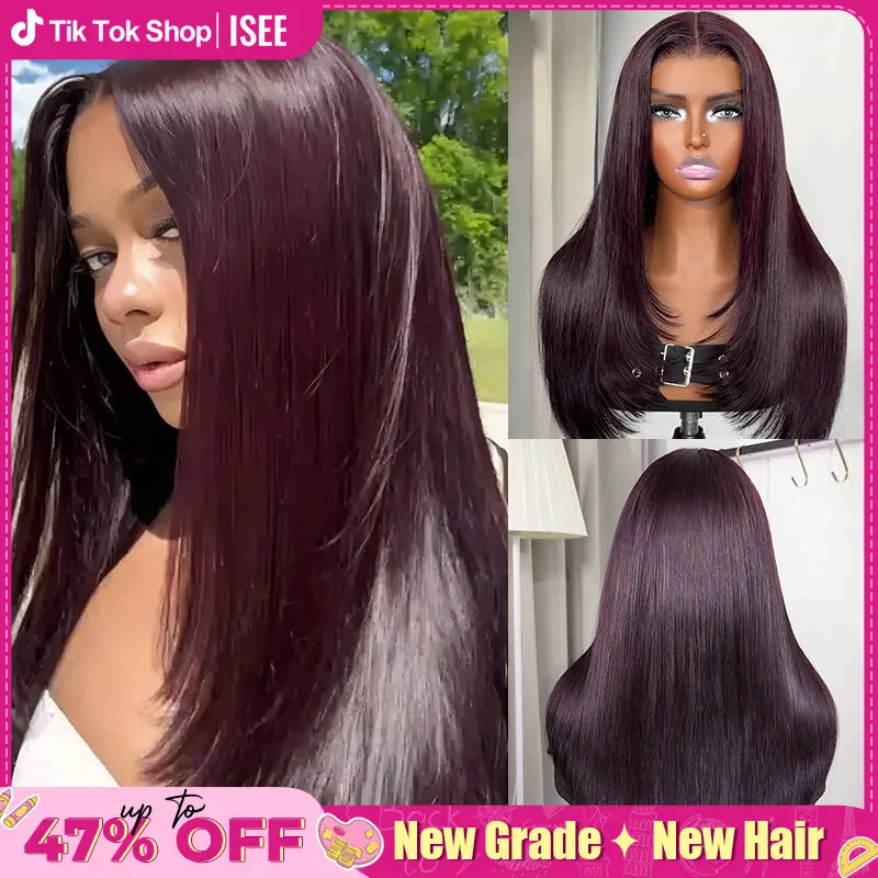 【New In】ISEE HAIR Blackcherry Dark 99J Layered Cut Straight 7x5 Lace Wear Go Wig Blackcurrant Brunette Pre Cut Lace Pre Plucked Hairline 180% Density Glueless Colored Wig Human Hair Beginner Friendly Quick Install  #TikTokShopBackToSchool #SohoChic