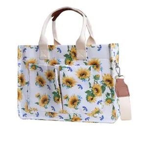 Sunflower Print Tote Bag for Women, Large Capacity Multi-Pocket Shoulder & Crossbody Bag, Work Laptop Travel Handbag