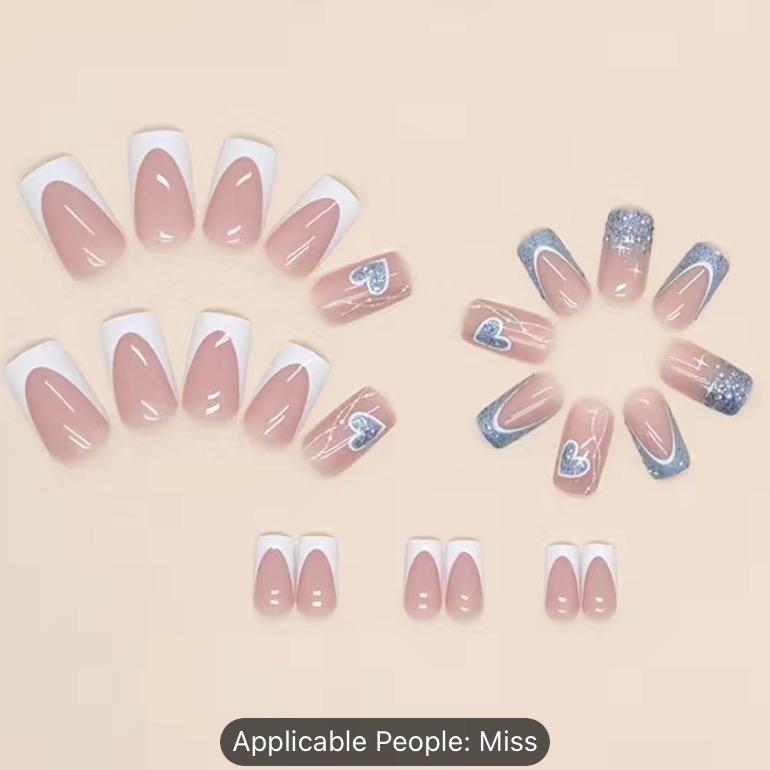 24pcs White French Tip Fake Nails, Blue Glitter Press On Nails With Heart And Sequin Design, Glossy Pink Glue On Nails Set, Full Cover Short Square False Nails For Women And Girls Nail Art Nail Care Nail Polish Polish Cutics Manicure Cosmetic