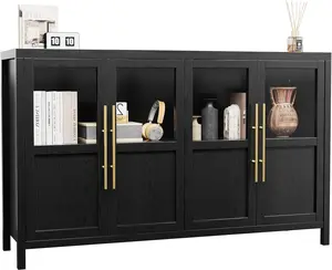 Black 55 Inch Sideboard Buffet Cabinet with Four Glass Doors Large Modern Farmhouse Storage for Kitchen Dining and Living Room Black