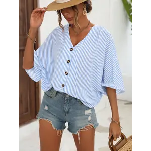 LUNE Striped Batwing Sleeve Button Front Blouse