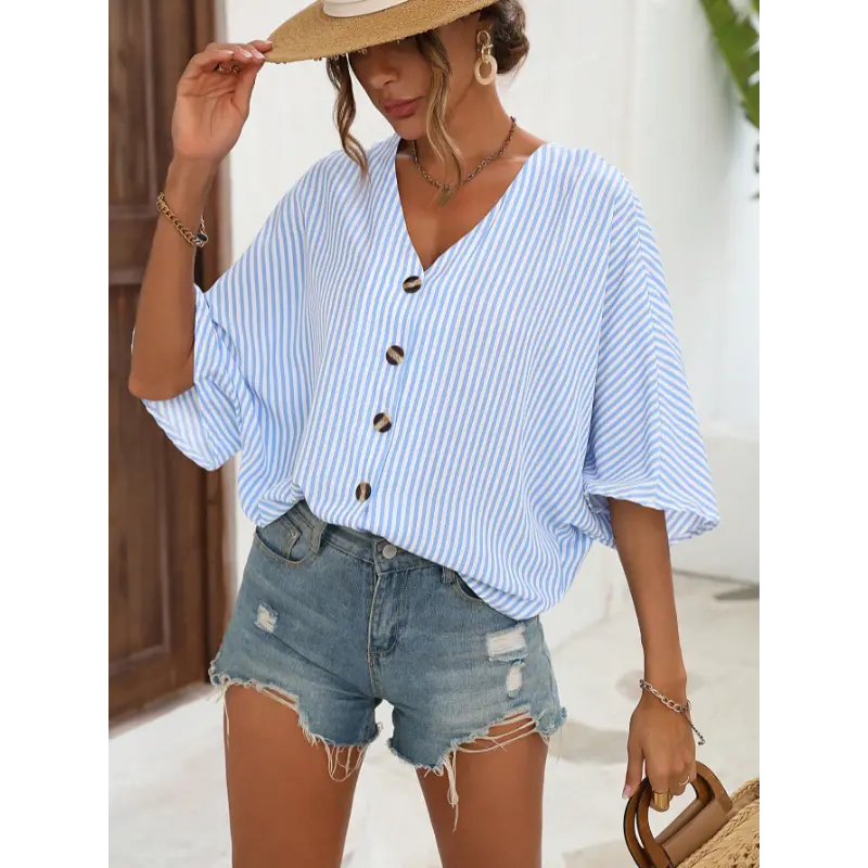 LUNE Striped Batwing Sleeve Button Front Blouse