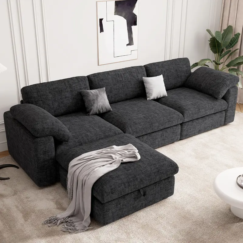 【Shipped in four Packages】118" L Shaped Modular Sectional Sofa, Oversized 3-Seater Convertible Cloud Couch, Modern Chenille Sectional Couches for Living Room, Cream White 1 PCS