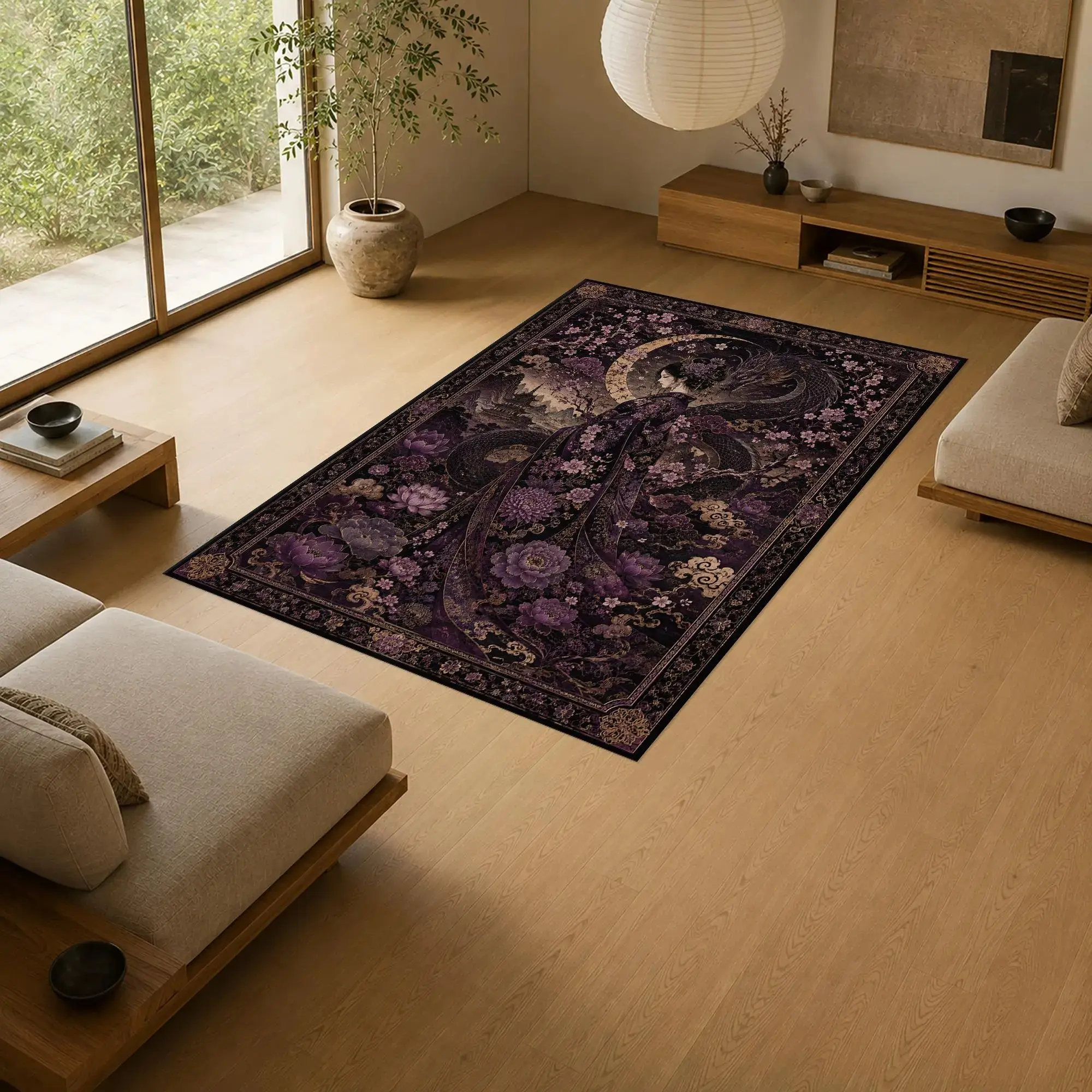 Gothic Purple Area Rug - Japanese-Inspired Dark Botanical Rug with Dragon Woman & Floral Design for Moody Maximalist Bedroom, Living Room Floor Decor