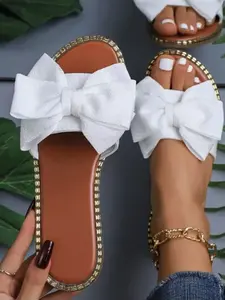 Women's Bowknot Decorative Dressy Flat Sandals, Lightweight Summer Slippers, Comfortable Fashion Beach Shoes, Open-Toe Slip-On, Wide Fit for Wide Feet
