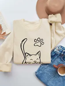 Autumn Winter Women's Casual Loose Fit Sweatshirt Floral Pattern  Thin Fabric  Long Sleeve Drop Shoulder Lady Top for Daily Wear Womenswear