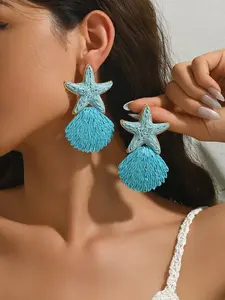 Handwoven Turquoise Raffia Starfish & Seashell Drop Earrings, Boho Ocean Statement Earrings for Women, Multiple Colors Available, Lightweight Summer Design, Perfect for Beach Vacations, Festivals, Parties & Daily Wear, Trendy Vacation Jewelry