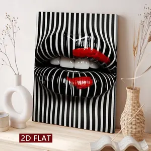 1 Count Wooden Frame Canvas, Black And White Striped Lips With Red Lipstick Art Images, Art For Home Decoration, Pattern Wall Art Decor, For Living Room, Bedroom, Restaurant, Bar Wall Decor, Odorless, Painting, Print, Artwork.